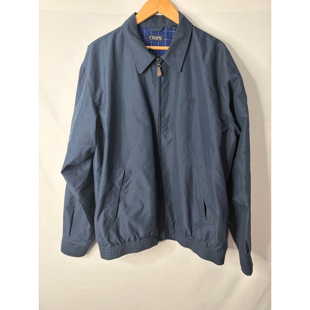 Chaps Ralph Lauren Mens XL Navy Blue Harrington Jacket Zip Up Plaid Lined Bomber